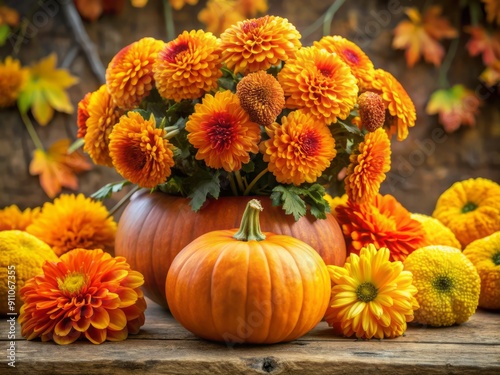 Vibrant orange and yellow mums surround a perfectly plump, ripened pumpkin, set against a warm, earth-toned background, evoking autumn's cozy, harvest atmosphere.