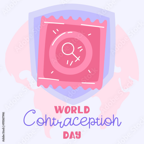 World Contraception Day, September 26. Contraceptives for safe sex female condom with shield and earth. Methods of birth control. square blue, pink banner about sex education. Vector flat illustration