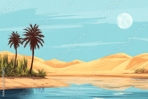Oasis in Desert with Palm Trees and Mountains