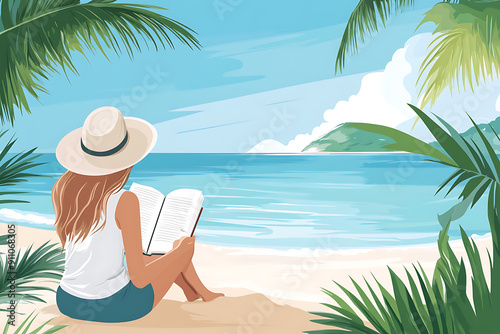 Illustration of a woman in a hat reading a book on a tropical beach, surrounded by palm trees, with a serene ocean view.