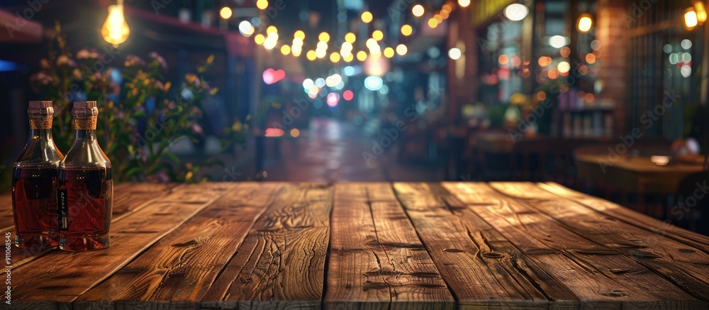Obraz premium Perfect for showcasing products or ads on a wooden table in a bustling restaurant at night this vibrant setting offers an appealing copy space image