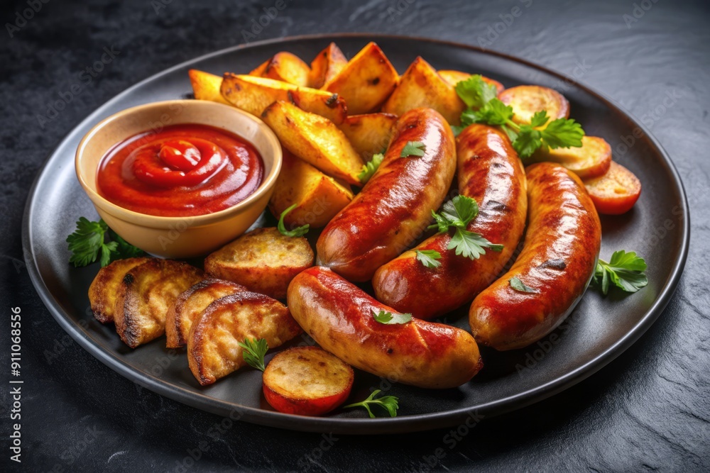 Savory grilled sausages rest beside crispy potato wedges, smothered in ketchup and rich sauce, on a sleek black plate, evoking a satisfying dinner experience. Savory grilled sausages rest beside crispy potato wedges, smothered in ketchup and rich sauce, on a sleek black plate, evoking a satisfying dinner experience.