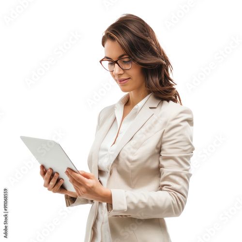 Businesswoman with tablet isolate on white background photo