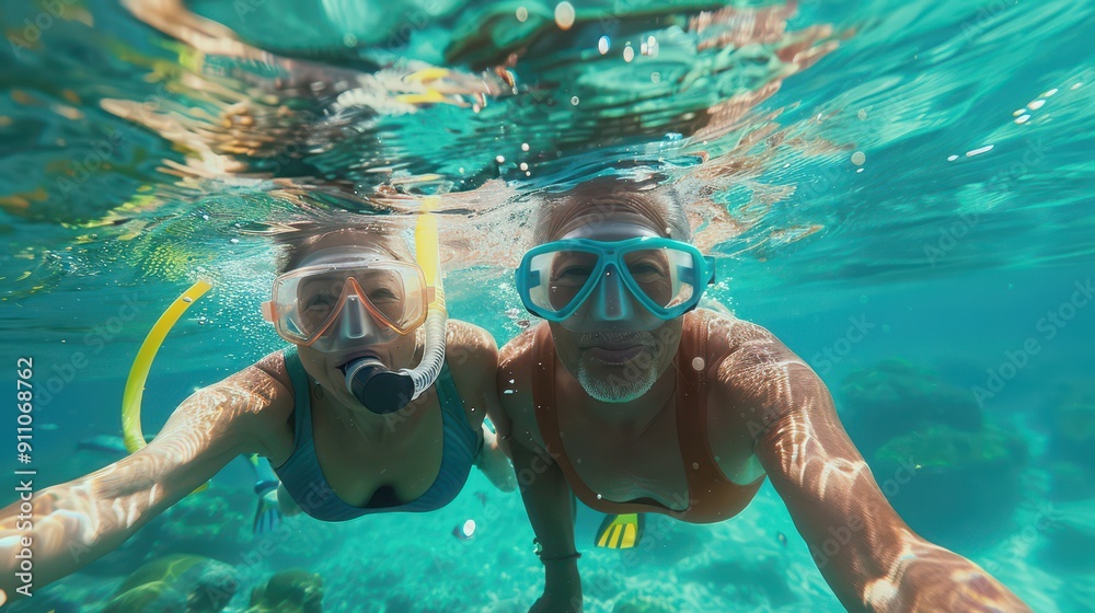 Naklejka premium Two friends snorkel together, exploring vibrant marine life in clear tropical waters