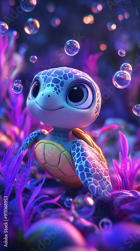 3D illustration of a turtle swimming in the water with bubbles. 3D cartoon style, vibrant, fantasy, magical atmosphere of an underwater scene