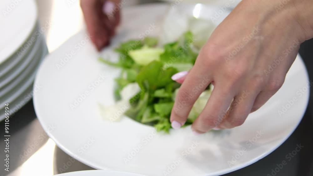 put the salad on a plate Female hand puts cherry tomato slices in a plate with salad. put the salad on a plate Female hand puts cherry tomato slices in a plate with salad.
