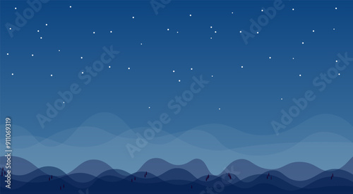 Abstract Blue Landscape Mountains Clouds Stars Night Magic Mystical Vector Design