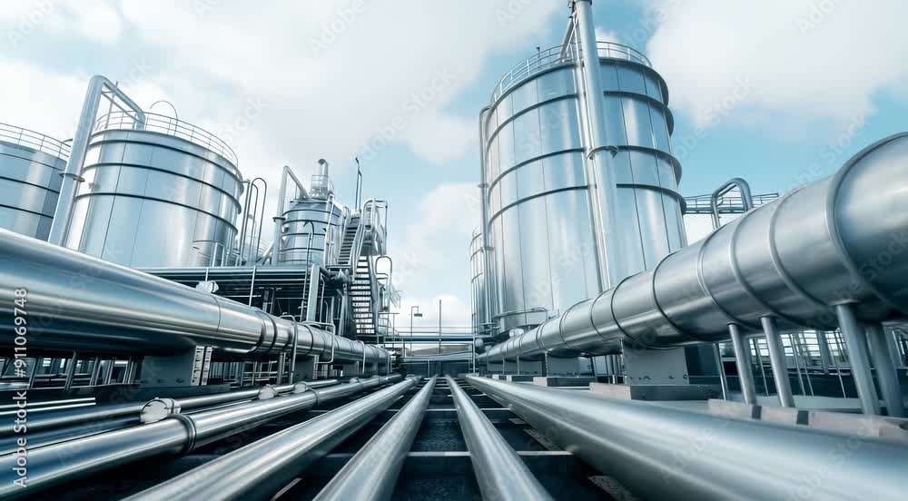 Industrial scene featuring large metal storage tanks and extensive pipelines under a bright blue sky with scattered clouds. The setting is likely a refinery or processing plant. Industrial scene featuring large metal storage tanks and extensive pipelines under a bright blue sky with scattered clouds. The setting is likely a refinery or processing plant.