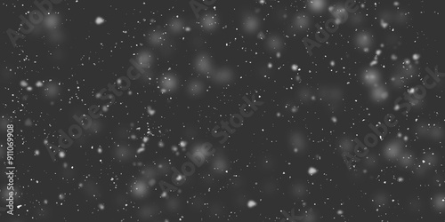 Vector falling snow overlay. Realistic shining snowfall background. Shining snowflakes on black background.