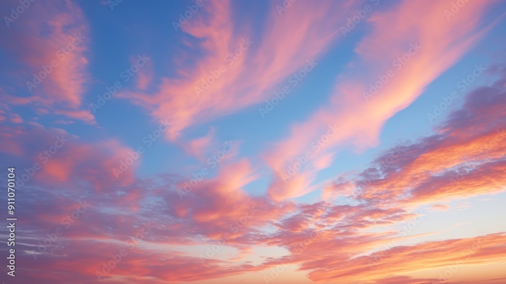 Obraz premium Closeup of vibrant hues in sunset sky with wispy clouds
