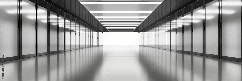 Fototapeta premium A symmetrical hallway showcasing sleek, reflective surfaces and bright lighting, emphasizing modernity, sophistication, and technological feel.