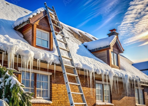 Winter maintenance underway as icicles cling to roof's edge, snow-covered tiles glisten in the sunlight, awaiting removal with shovel and ladder after intense snowstorm.