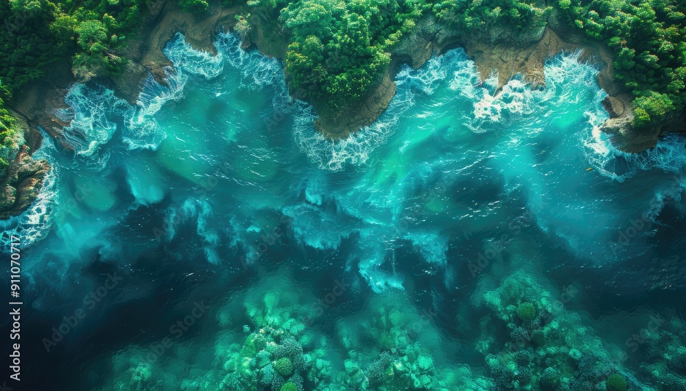 Aerial View of Turquoise Ocean Waves Crashing on Rocks Aerial View of Turquoise Ocean Waves Crashing on Rocks