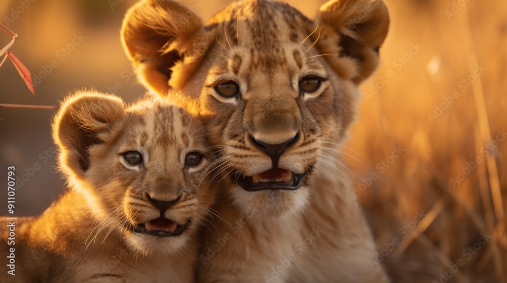 Obraz premium Lion cub playing mother closeup