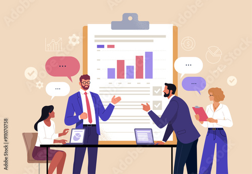 Business Analysis Concept. Vector illustration in a flat style of a group of diverse people discussing a document with graphs and reports. Isolated on background.
