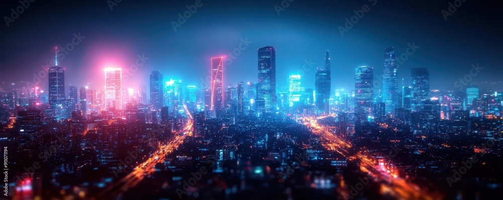 Night cityscape with skyscrapers and neon lights Night cityscape with skyscrapers and neon lights