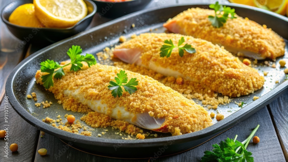Fresh fish fillet being coated with golden breadcrumbs after dipping in egg wash, ready for frying or baking preparation.