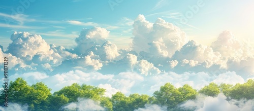 Scenic landscape with trees against a backdrop of white clouds and a clear blue sky in a copy space image photo