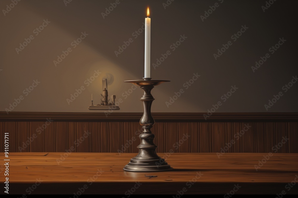 Lit Candle in a Silver Candelabra on a Wooden Table Lit Candle in a Silver Candelabra on a Wooden Table