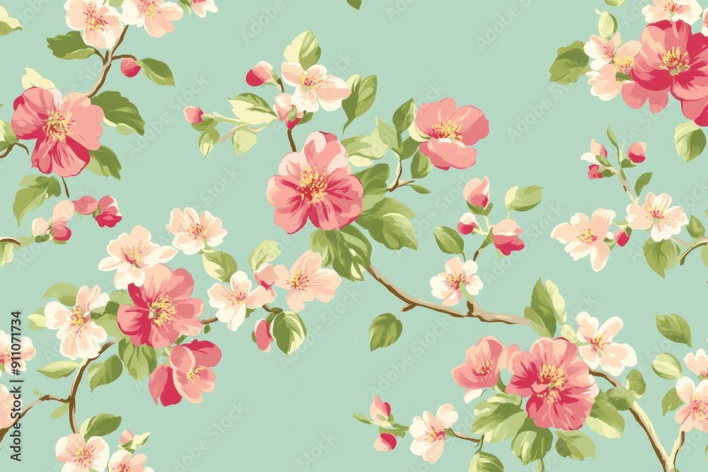 Delicate pink and white blossoms on a turquoise background. Delicate pink and white blossoms on a turquoise background.