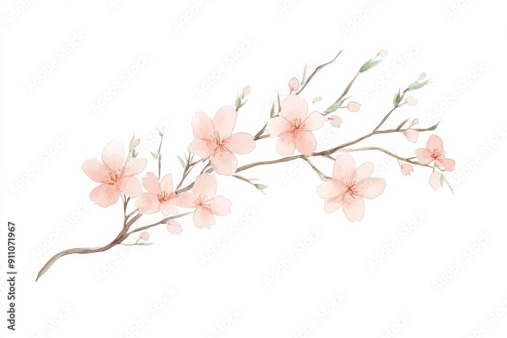 Delicate watercolor illustration of a cherry blossom branch. Delicate watercolor illustration of a cherry blossom branch.