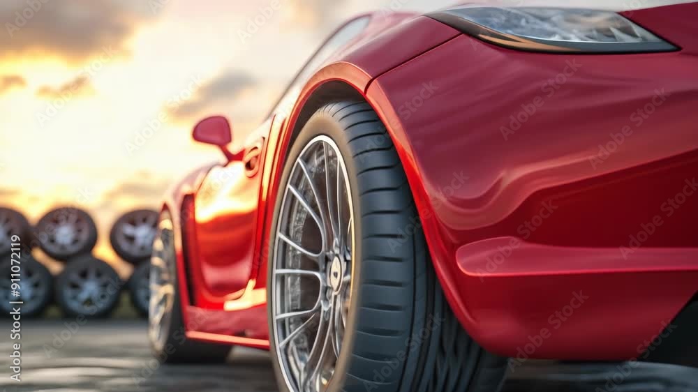 Shiny red sports car parked in front of a row of tires Shiny red sports car parked in front of a row of tires
