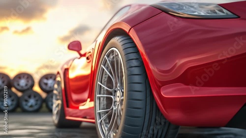 Shiny red sports car parked in front of a row of tires photo