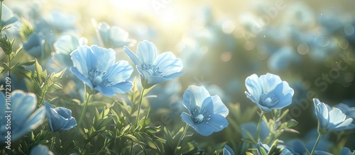 Pale sunlight illuminating delicate blue nemophila flowers in a meadow with a serene ambiance and ample copy space image