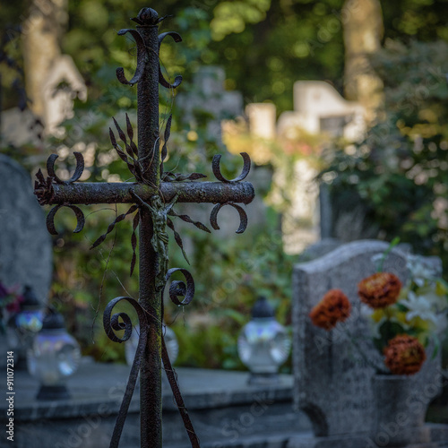 CEMETERY - An old steel crucifix on a forgotten grave
 photo