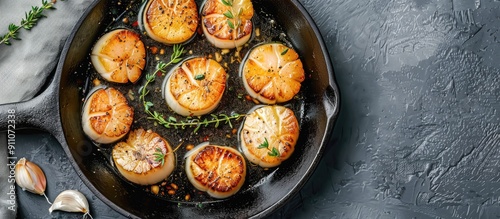 Seared scallops with garlic thyme and butter in a cast iron skillet on a gray background with a top view for a copy space image