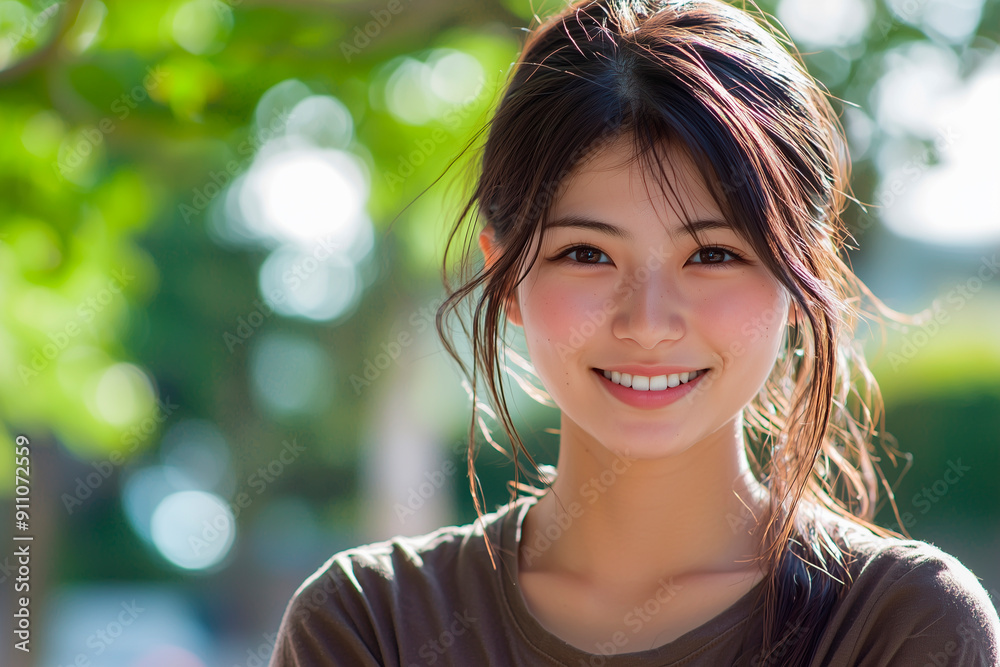 very beautiful japanese woman age20,wearing a brown T-shirt,Smiling. whole photo very beautiful japanese woman age20,wearing a brown T-shirt,Smiling. whole photo