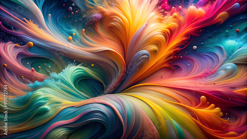 Colorful paint dynamically spreads, forming vibrant patterns. Abstract background. Futuristic, sci-fi