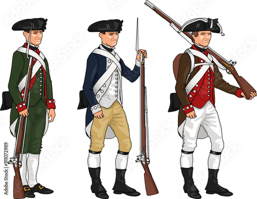 Set of Three American Soldiers in Uniforms of Various Regiments from American Revolutionary War Holding Muskets or Rifles, Illustration Isolated on White Background, EPS 10 Vector