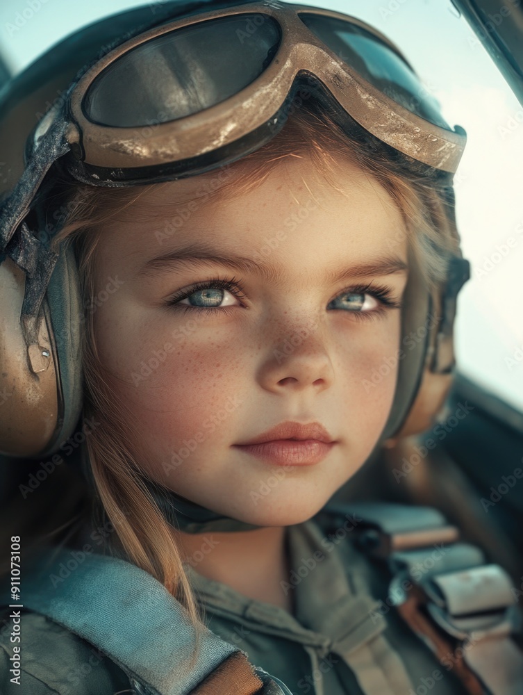 A young girl dressed as a pilot with a miniature helmet and goggles, ideal for use in images about childhood imagination or costume parties A young girl dressed as a pilot with a miniature helmet and goggles, ideal for use in images about childhood imagination or costume parties