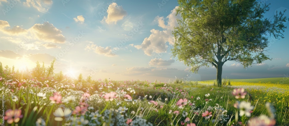 Obraz premium Picturesque rural landscape during summer with blooming wildflowers suitable for a copy space image