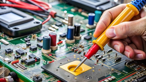 Macro shot of multimeter testing voltage on electronic circuit board of modern TV during equipment repair and maintenance service.