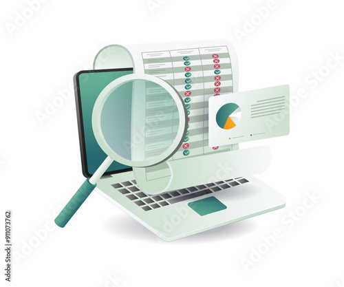 A laptop alongside a magnifying glass and a paper document, symbolizing digital research and SEO optimization strategies