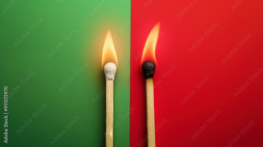 Two burning matches on split green and red background, ideas, emotional burnout, teamwork. Generative AI Two burning matches on split green and red background, ideas, emotional burnout, teamwork. Generative AI