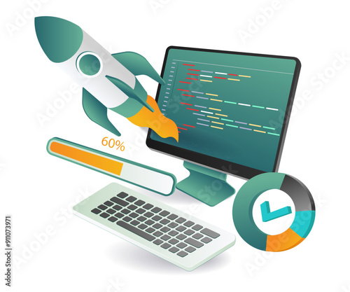A computer with a rocket on it and a keyboard, symbolizing speed searching engine optimization