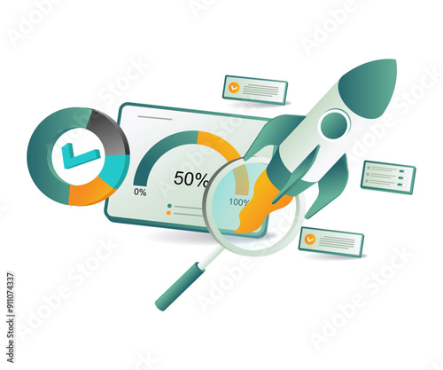 A creative illustration featuring a rocket, a magnifying glass, and a clock, highlighting themes of discovery and temporal exploration