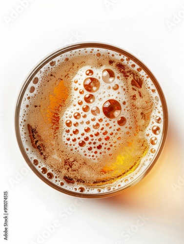 Top view of a glass of beer with foam and bubbles photo