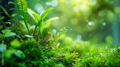 Beautiful tropical freshwater aquarium with plants and moss. Selective focus 