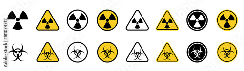 Set of radiation hazard signs. Radiation area. Radioactive threat alert.