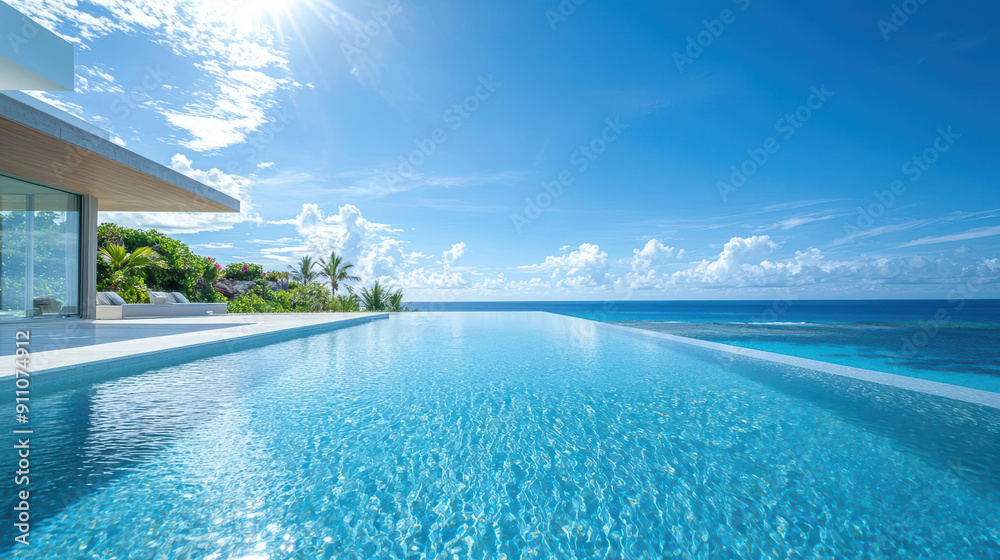 Fototapeta premium Infinity pool overlooking a beautiful ocean view with a modern villa in the background.