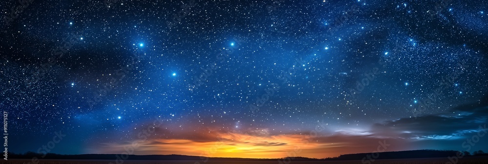 A beautiful night sky, full of sparkling stars, stretches over the horizon, with a hint of a sunset creating an enchanting scene. A beautiful night sky, full of sparkling stars, stretches over the horizon, with a hint of a sunset creating an enchanting scene.