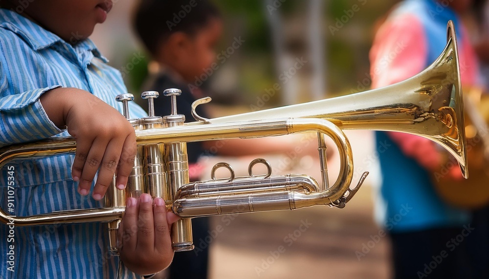 Obraz premium Kid playing on Trumpet Child playing an instrument. 