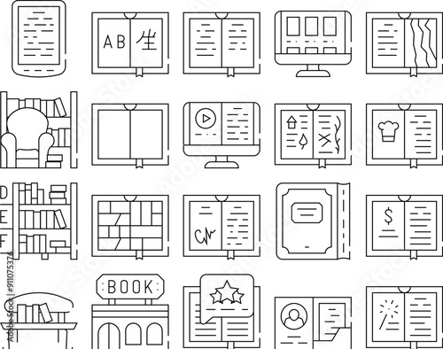 Book Library Shop Collection Icons Set Vector. Electronic Read Device And Interpreter Gadget, Book Store And Armchair, Business Literature And Comics Black Contour Illustrations