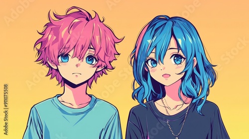 Colorful anime boy and girl, cute and expressive, perfect for t-shirt designs