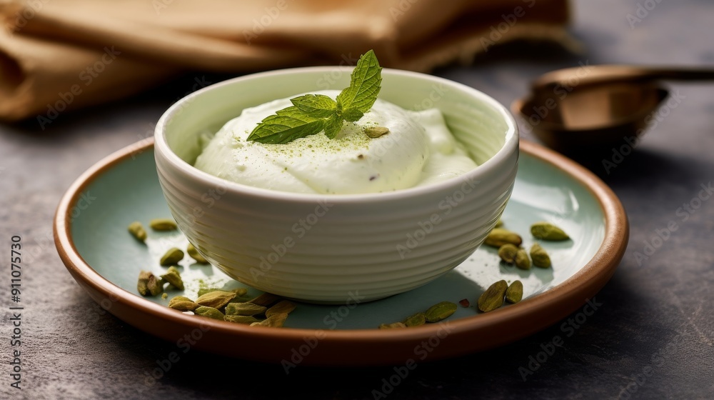Stylish bowl with pistachio ice cream scoop Stylish bowl with pistachio ice cream scoop