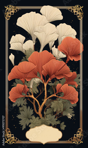 Decorative label for Ginkgo biloba product for jam or a drink and free space for product description.